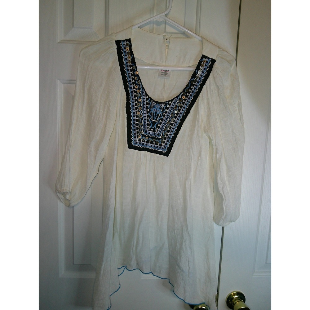 Wrangler Embroidered Tunic Top Bohemian Festival Blouse White Blue Size S‎
